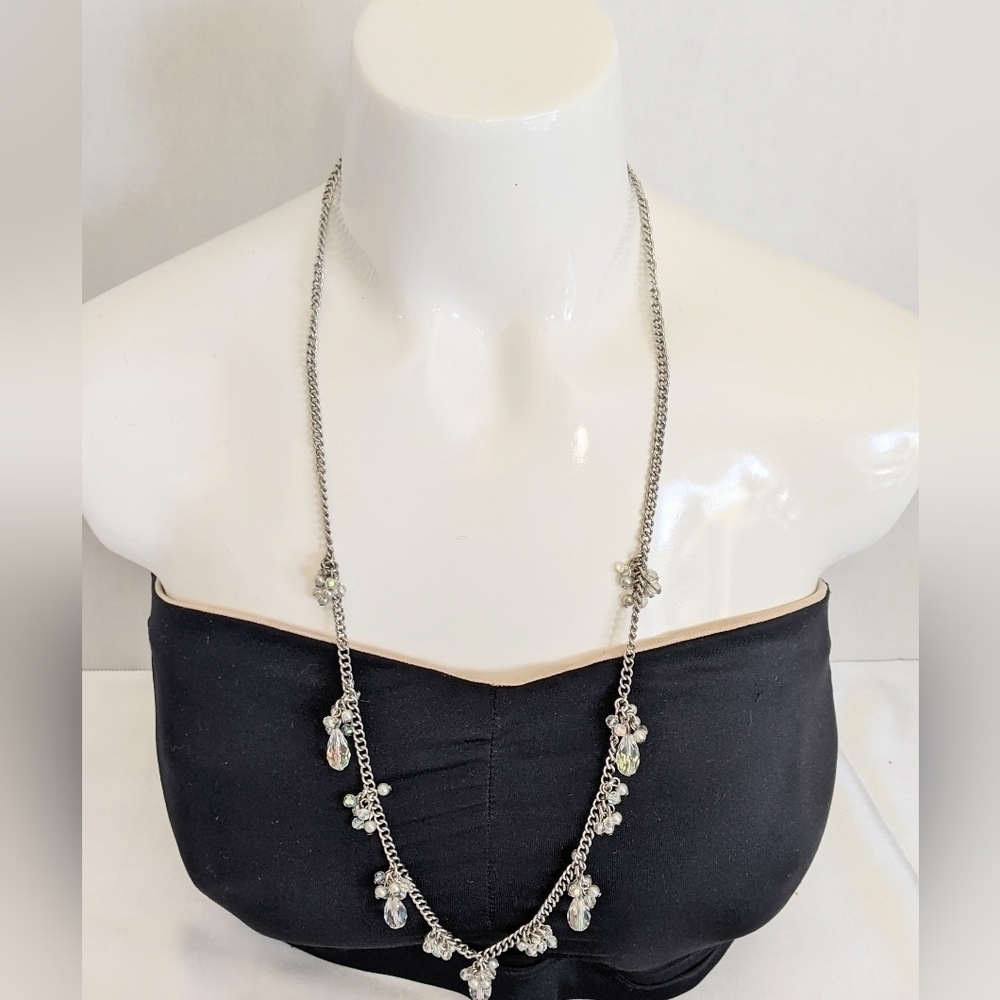 Ann Taylor Women's Clear Crystal Beaded Cluster Necklace Long Silver Tone